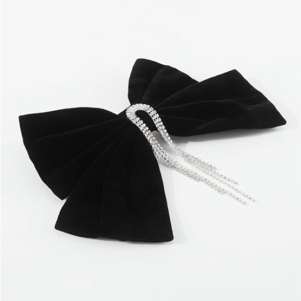 Black Velvet Crystal Tassel Hair Clip Bow (8000) - Picture 4 of 6
